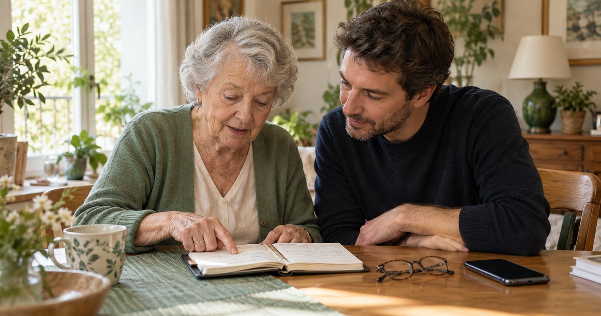 Une mère âgée et son fils consultent un carnet de contacts au domicile