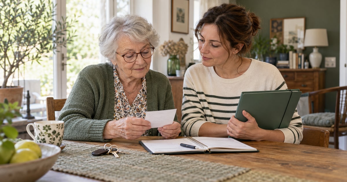 Une mère âgée et sa fille préparent un rendez-vous avec un dossier et un courrier