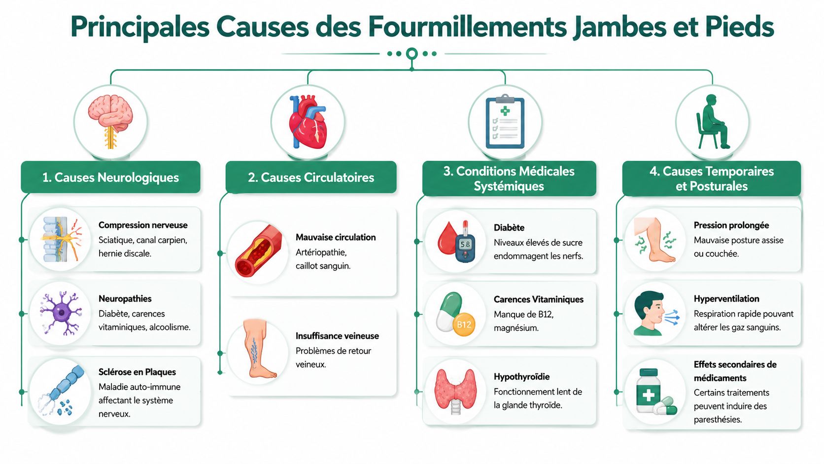 Infographie illustrant les causes neurologiques, circulatoires, systémiques et posturales des fourmillements dans les jambes et les pieds.