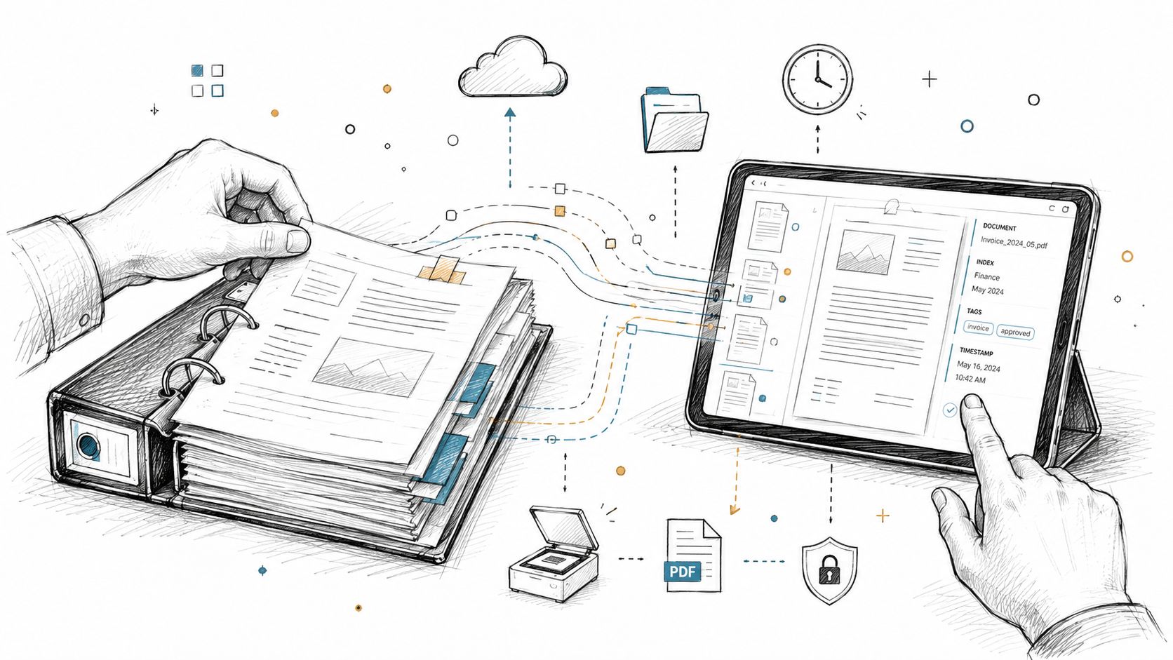 Une main numérise des documents papier d'un classeur vers une tablette numérique pour une gestion efficace.