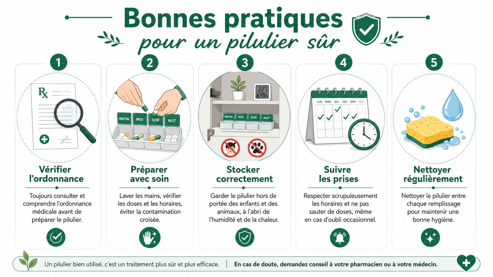 Infographie illustrant cinq bonnes pratiques pour utiliser un pilulier en toute sécurité pour vos médicaments au quotidien.
