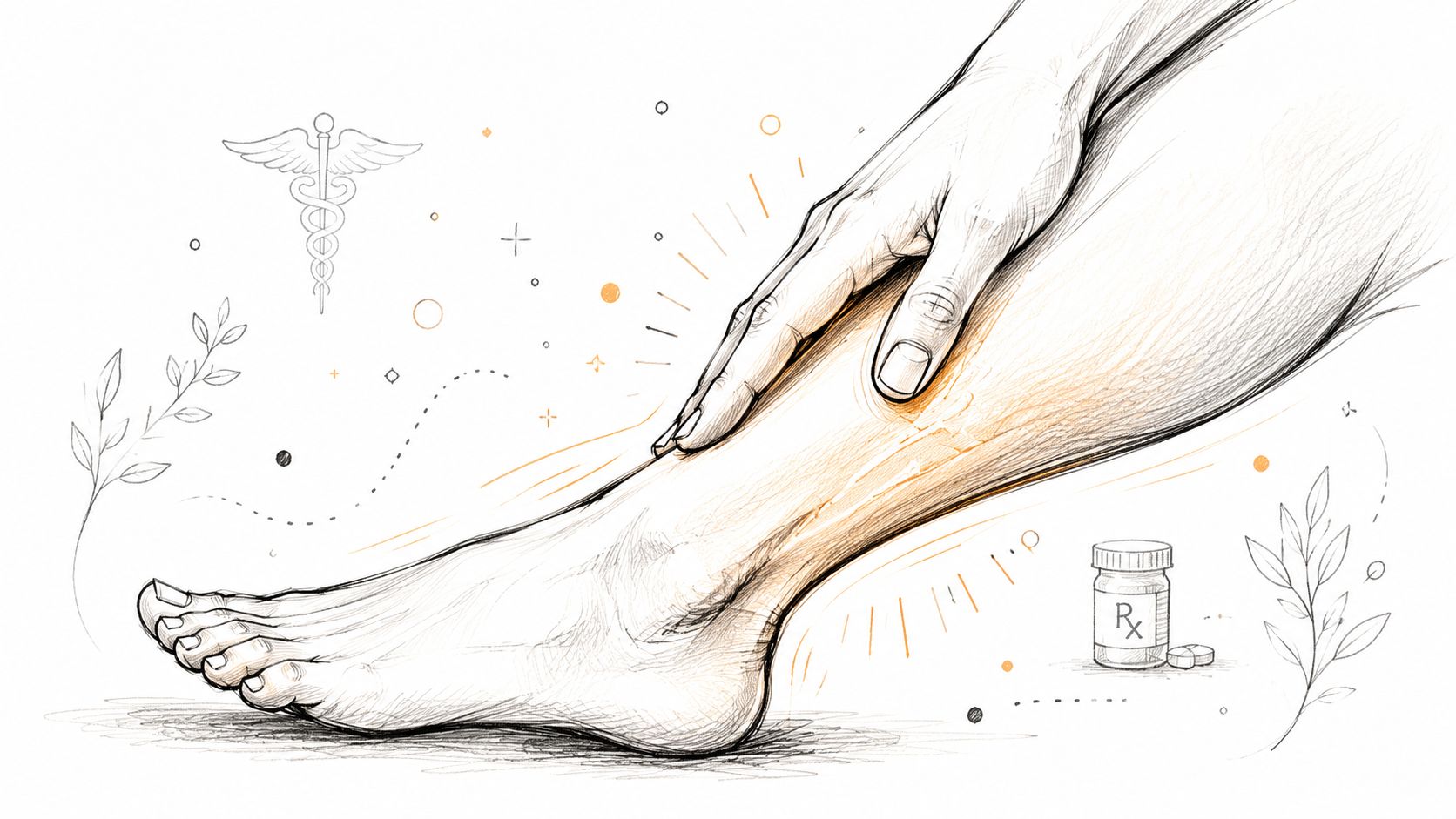 Illustration stylisée montrant une main massant une jambe et un pied pour soulager des douleurs ou fourmillements.