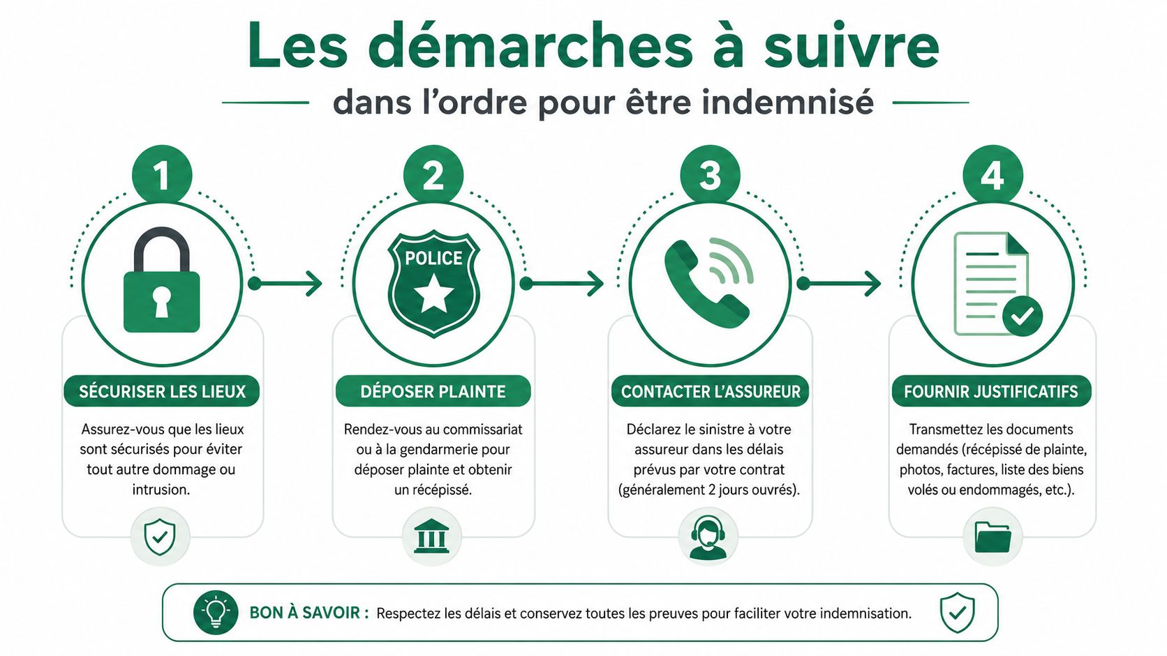 Infographie illustrant les quatre étapes essentielles pour obtenir une indemnisation après un cambriolage ou un sinistre.