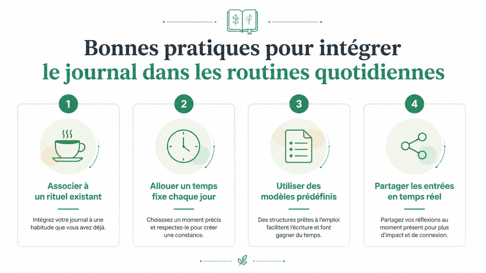 Une infographie présentant quatre conseils pour intégrer efficacement la tenue d'un journal dans ses routines quotidiennes.