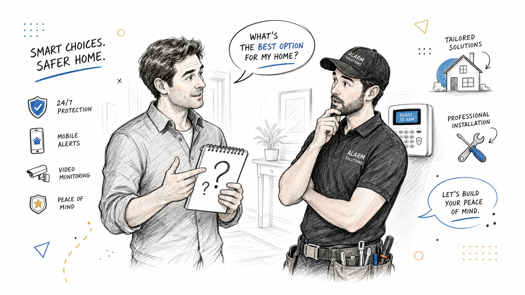 Un technicien en sécurité conseille un client sur le choix d'un système d'alarme pour sa maison.