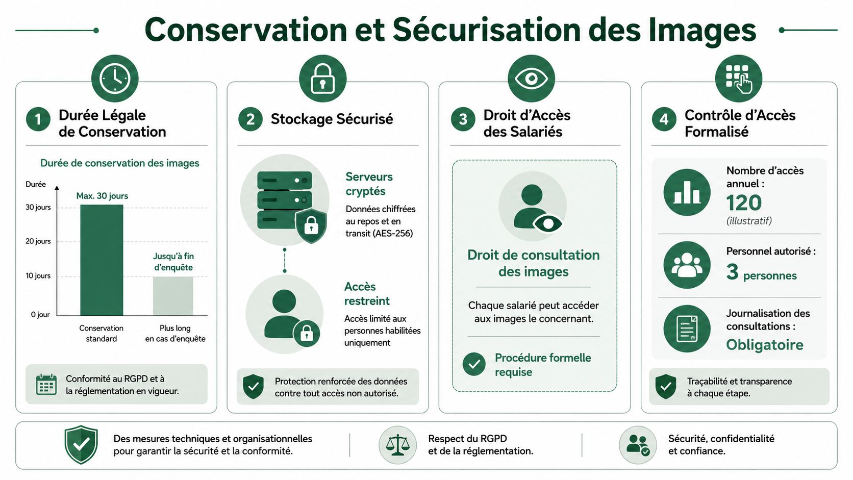 Infographie détaillant les mesures de conservation et de sécurisation des images de vidéosurveillance en milieu professionnel.