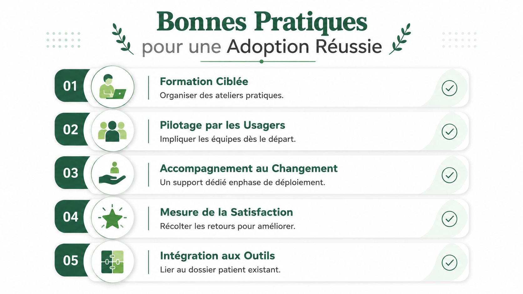 Une infographie listant cinq bonnes pratiques pour réussir l'adoption d'une nouvelle solution numérique en entreprise.
