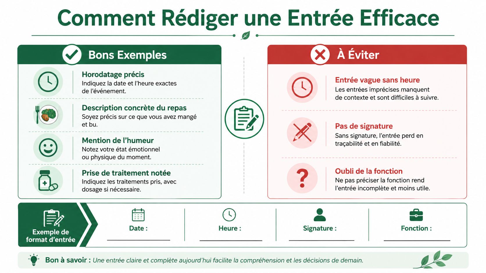 Infographie pédagogique présentant les bonnes pratiques et les erreurs à éviter pour rédiger une entrée dans un cahier.