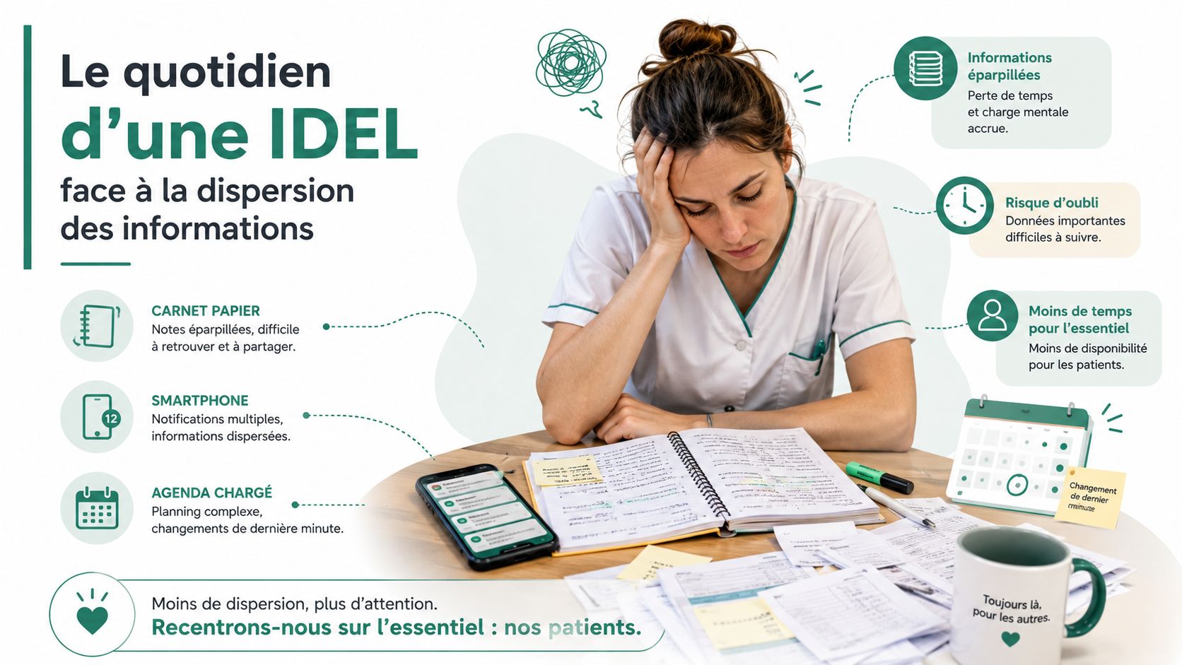 Une infirmière libérale débordée par l'organisation complexe de ses dossiers, de ses notes papier et de son planning.
