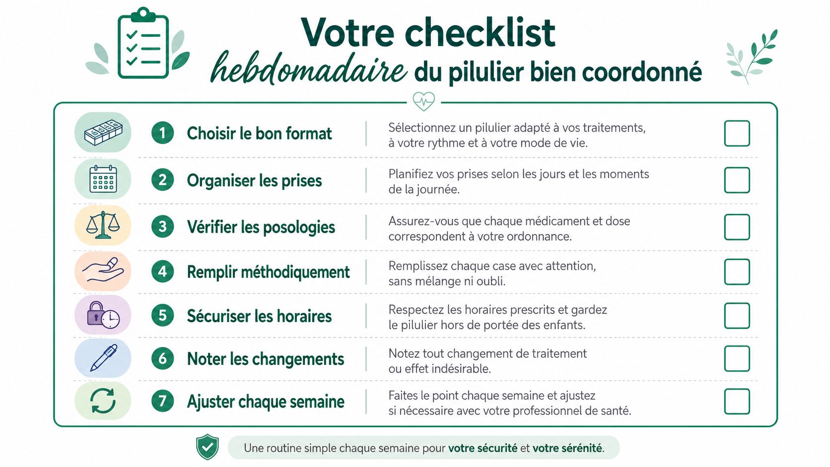 Une checklist illustrée pour organiser un pilulier hebdomadaire de manière sécurisée et méthodique au quotidien.