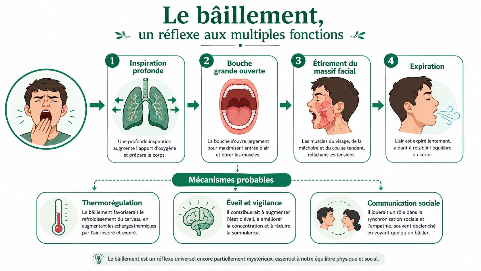 Infographie illustrant les quatre étapes du bâillement et expliquant ses mécanismes physiologiques et sociaux potentiels.