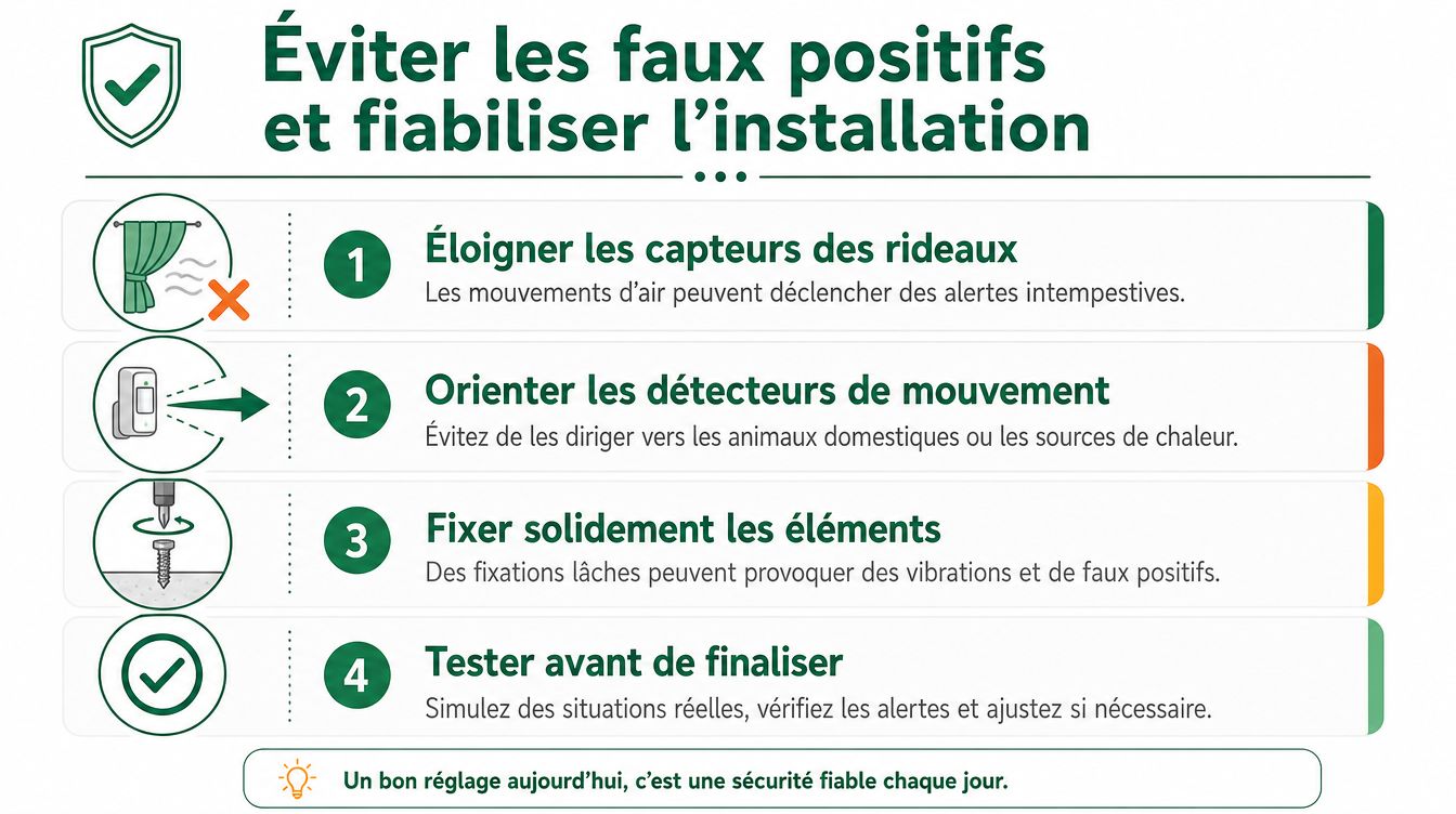 Infographie illustrant quatre conseils pratiques pour éviter les fausses alertes et optimiser l'installation d'un système d'alarme.