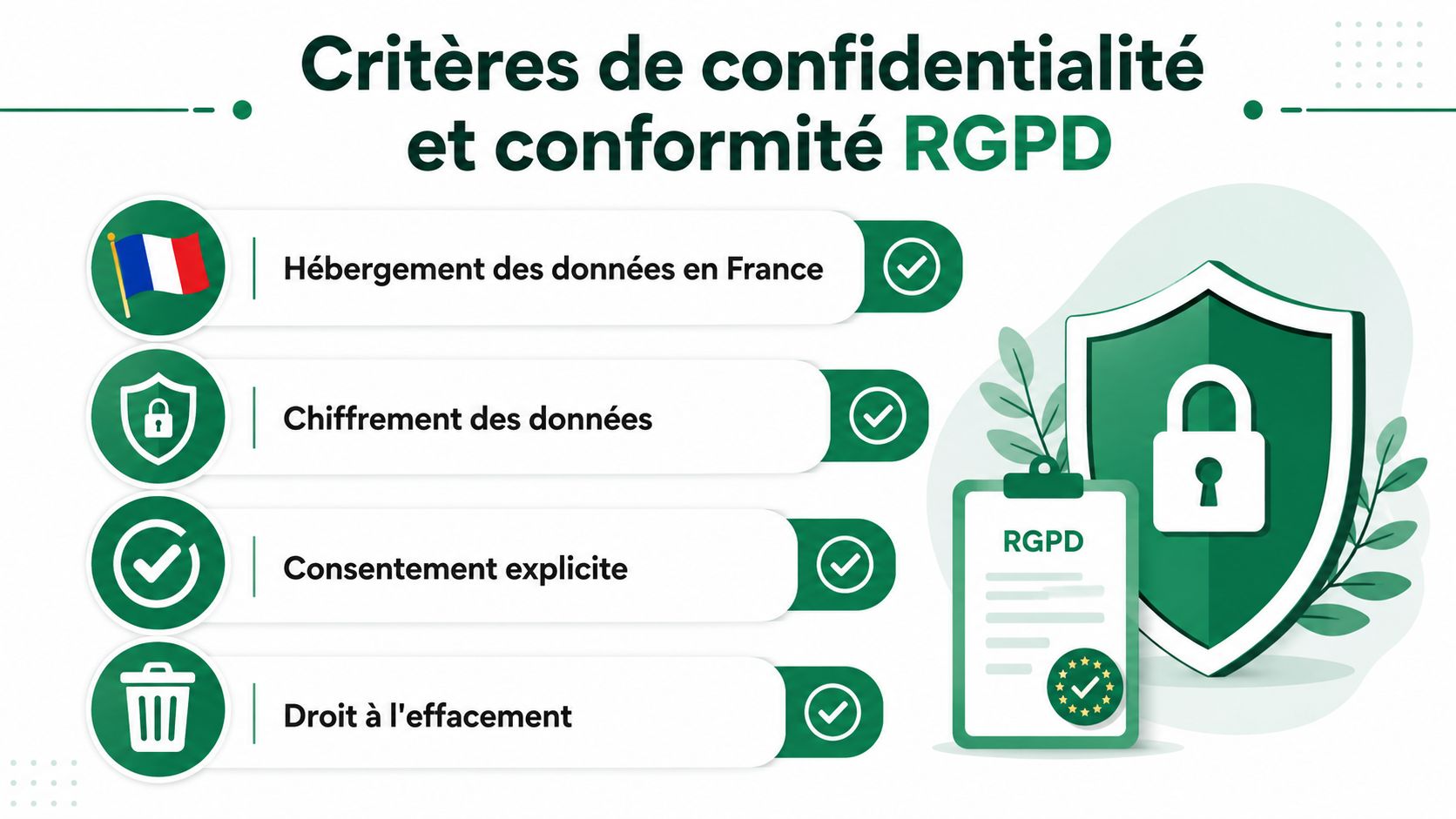 Infographie illustrant les quatre critères principaux de conformité RGPD pour la protection des données personnelles.