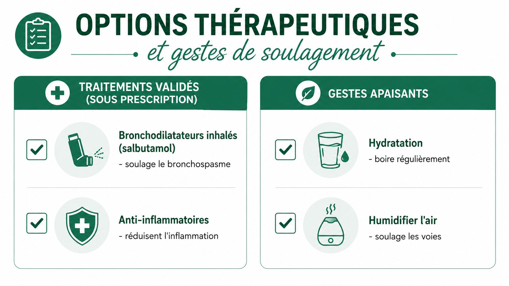 Tableau récapitulatif des options thérapeutiques prescrites et des gestes apaisants pour soulager la bronchite asthmatiforme.