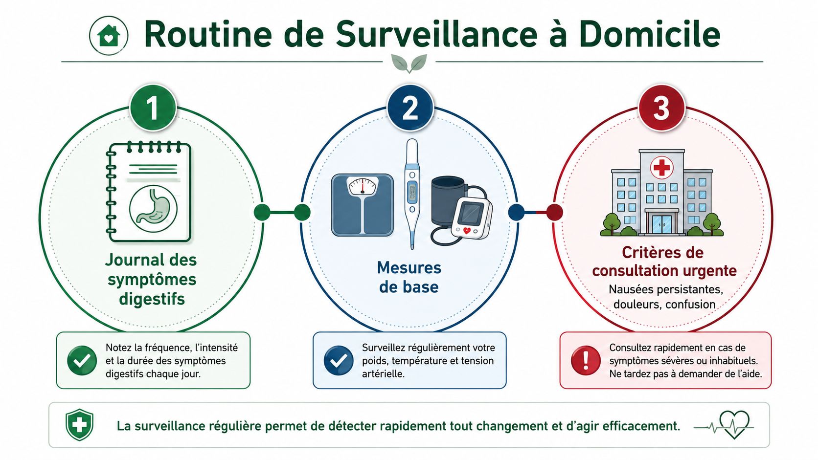 Une infographie sur la routine de surveillance à domicile des effets secondaires digestifs liés à la metformine.