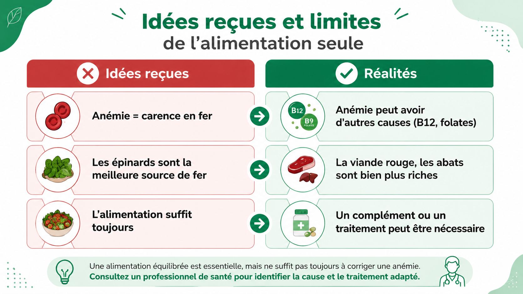 Infographie illustrant les idées reçues sur l'anémie et les limites de l'alimentation pour la corriger.