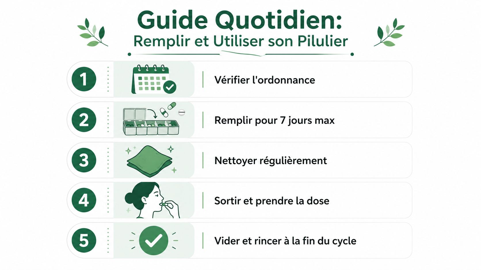 Guide illustré en cinq étapes pour remplir et utiliser correctement un pilulier hebdomadaire pour ses médicaments.