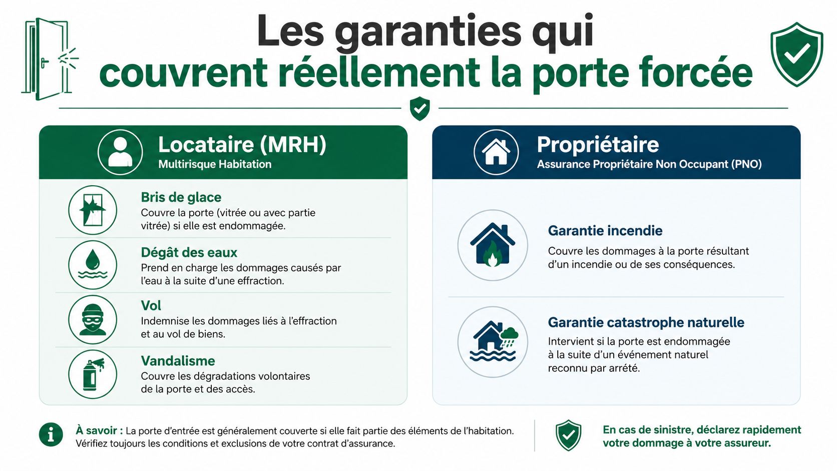 Infographie expliquant les garanties d'assurance pour une porte forcée selon le statut de locataire ou propriétaire.