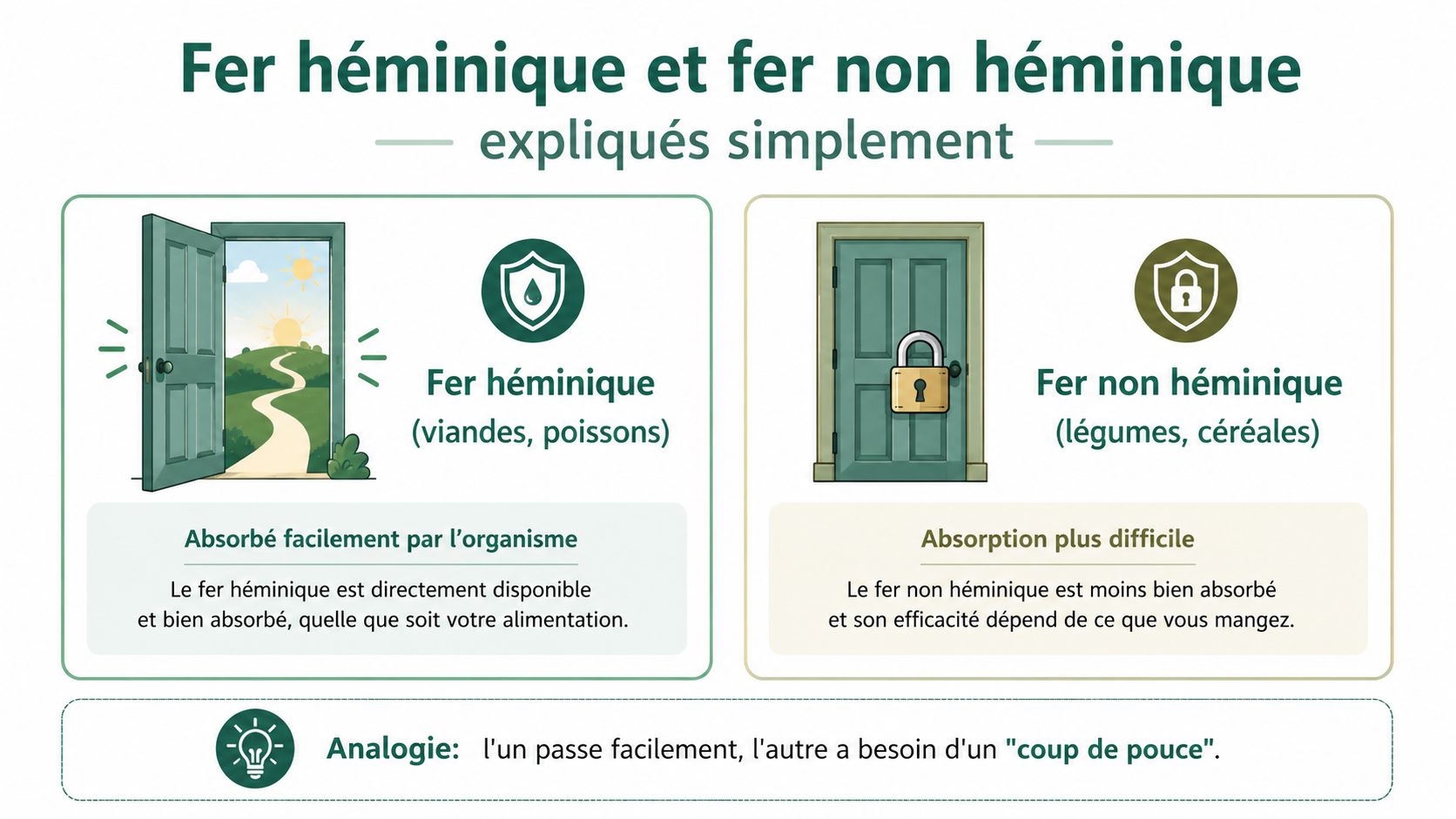 Comparaison infographique entre le fer héminique et non héminique, expliquant leurs sources et leur absorption par l'organisme.