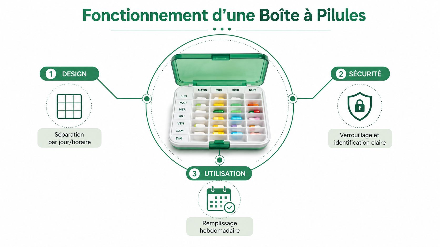 Infographie illustrant le fonctionnement d'une boîte à pilules hebdomadaire avec des compartiments pour chaque jour et moment.