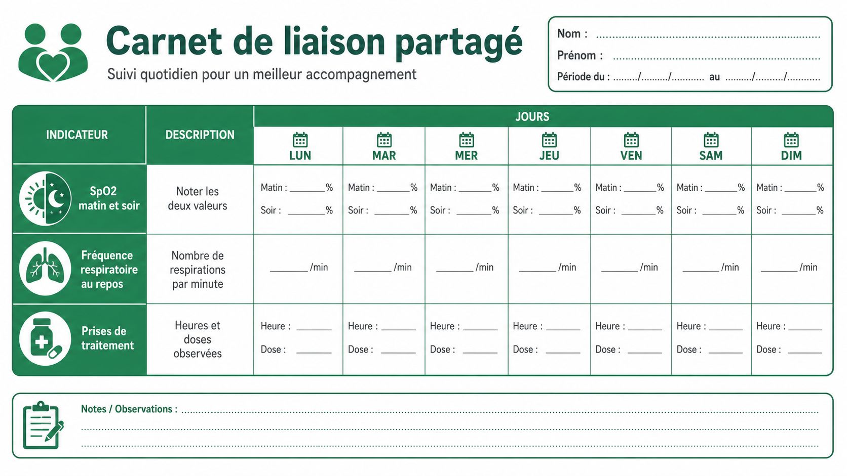 Carnet de suivi médical hebdomadaire pour noter les constantes vitales et la prise de médicaments à domicile.