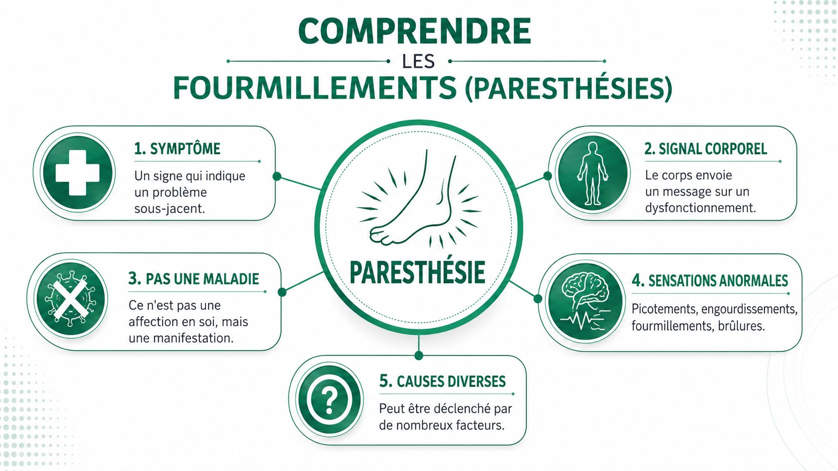 Infographie pédagogique expliquant les fourmillements et paresthésies comme signaux corporels indiquant des problèmes sous-jacents divers.