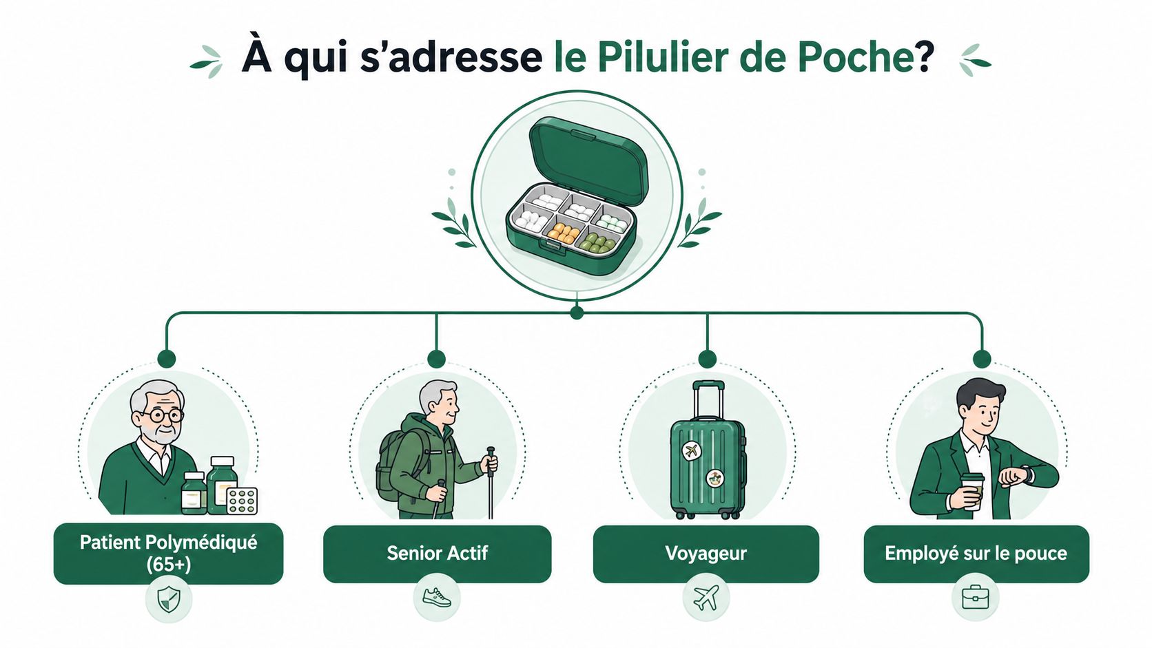 Une infographie montrant les groupes cibles pour l'utilisation d'un pilulier de poche portable et pratique.