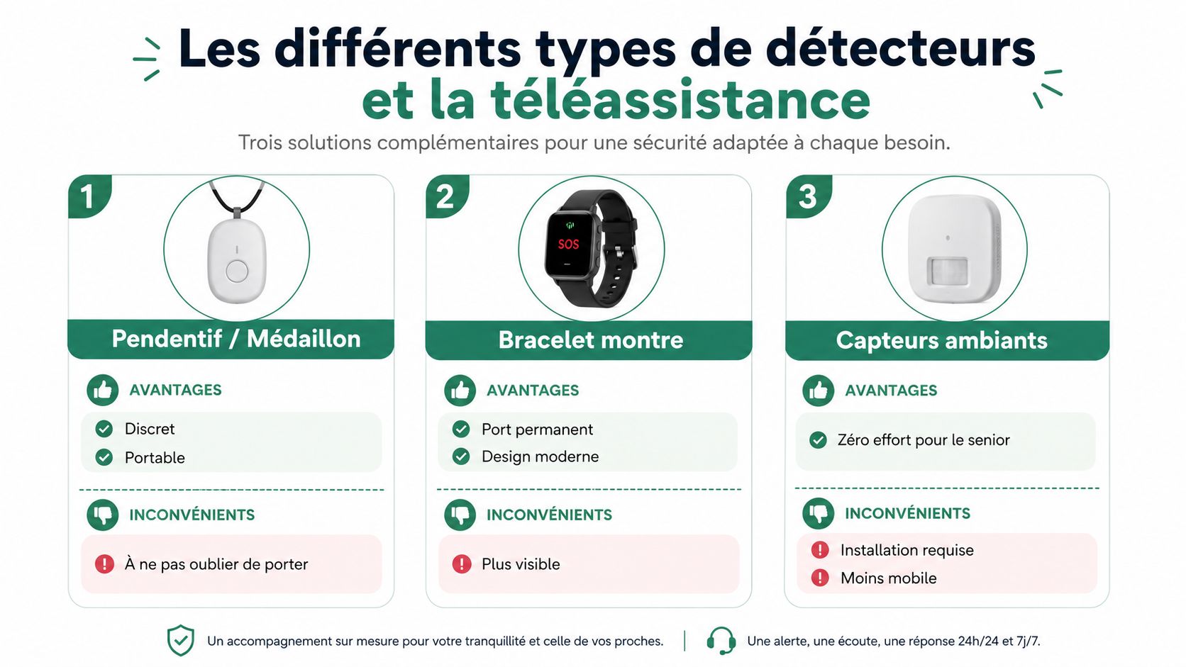 Infographie présentant trois types de solutions de téléassistance pour seniors : pendentifs, montres connectées et capteurs ambiants.