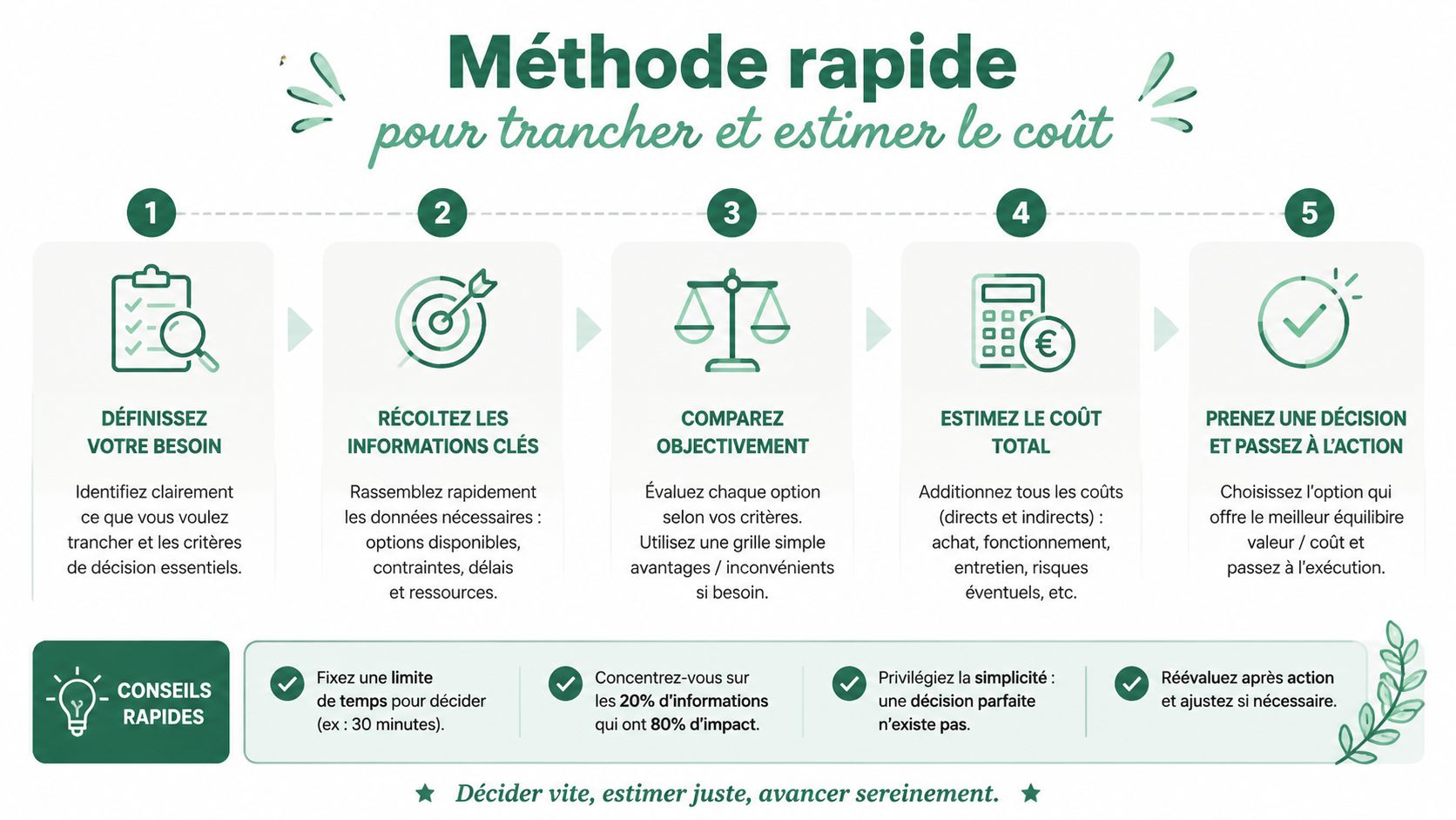 Infographie illustrant une méthode rapide en cinq étapes pour prendre des décisions et estimer les coûts efficacement.