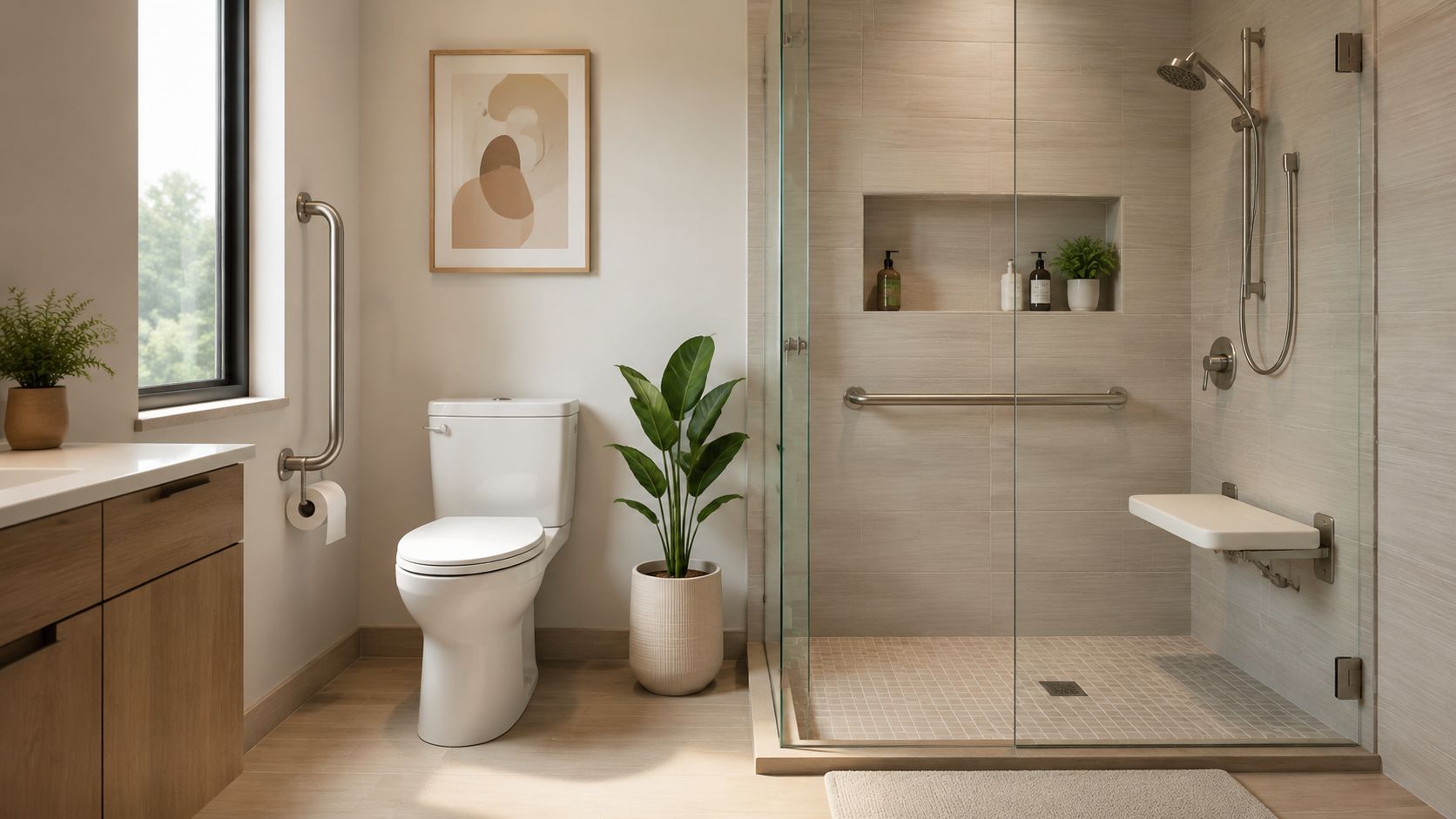 Une salle de bain moderne accessible avec douche à l'italienne, barres de maintien et toilettes ergonomiques.