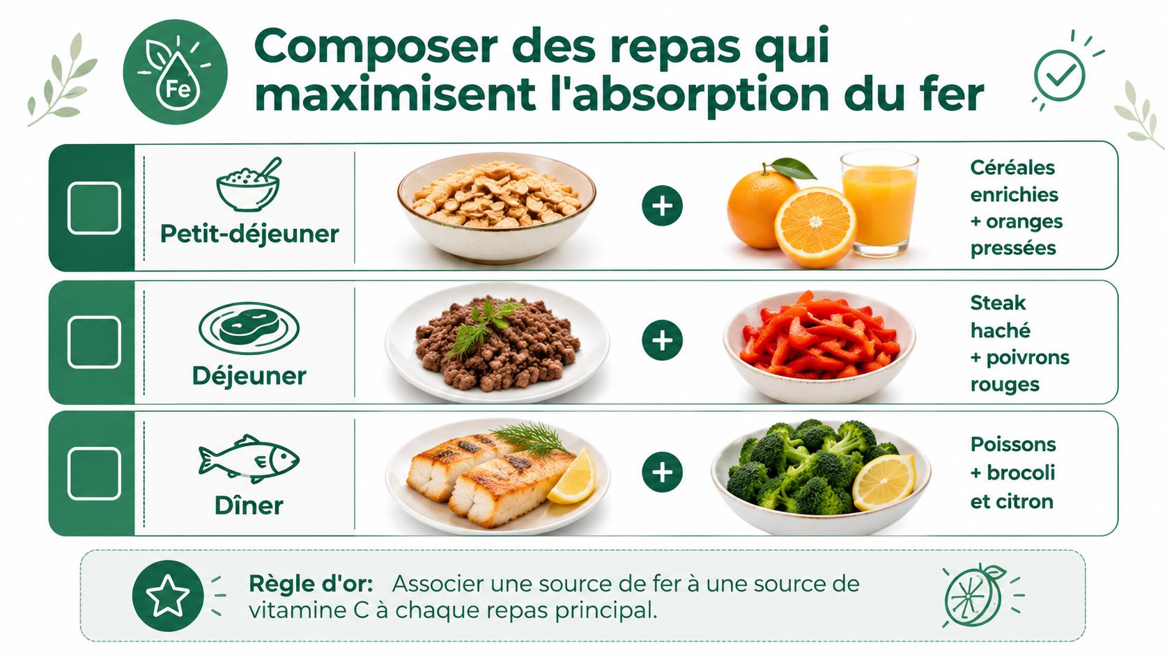 Infographie montrant des idées de repas combinant fer et vitamine C pour améliorer leur absorption nutritionnelle.