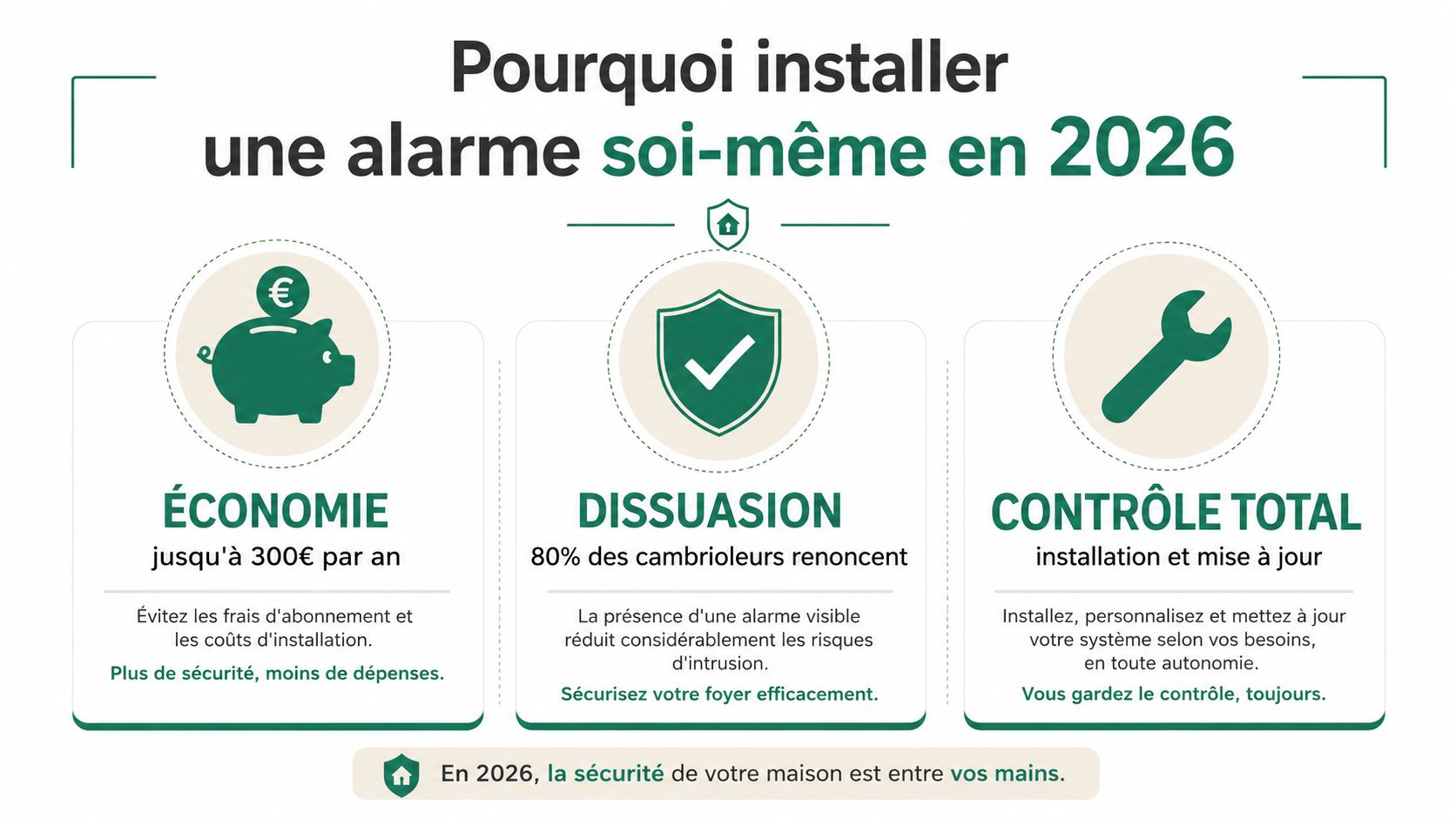 Infographie illustrant les avantages économiques, dissuasifs et techniques de l'installation d'une alarme soi-même en 2026.