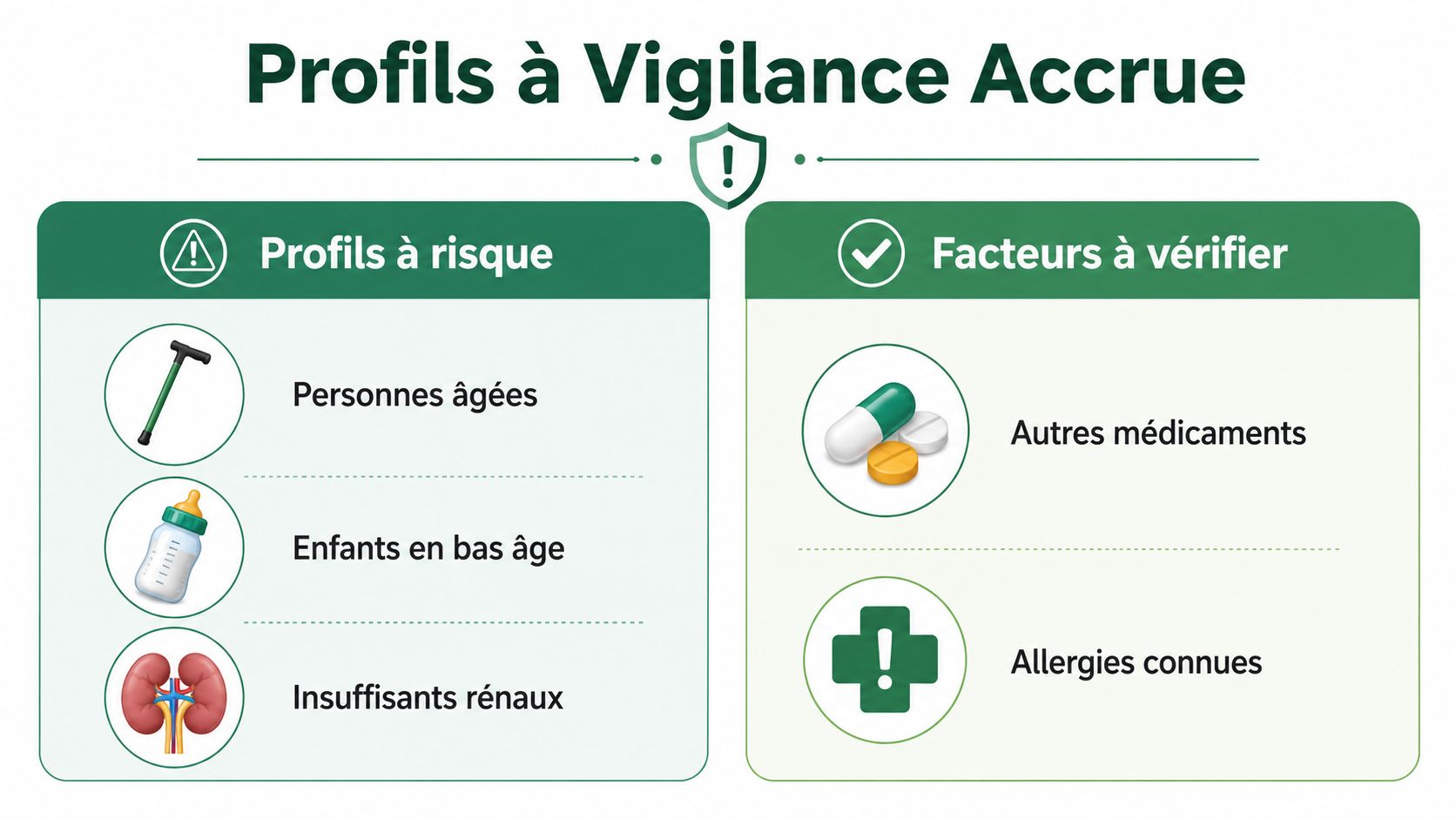 Tableau informatif sur les profils de patients à risque et les facteurs de vigilance médicamenteuse.