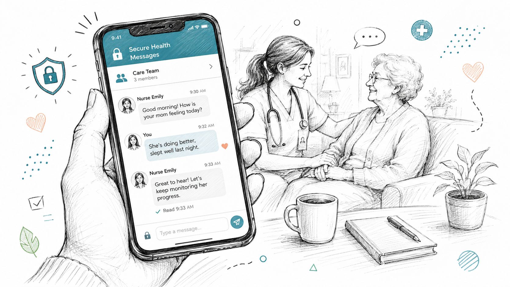 Une main tient un smartphone affichant une application de messagerie médicale sécurisée avec une infirmière bienveillante.