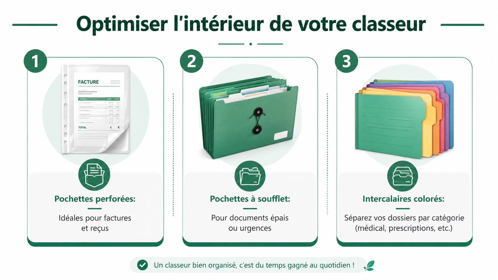 Une infographie montrant trois conseils pour organiser efficacement l'intérieur de son classeur avec des accessoires de rangement.