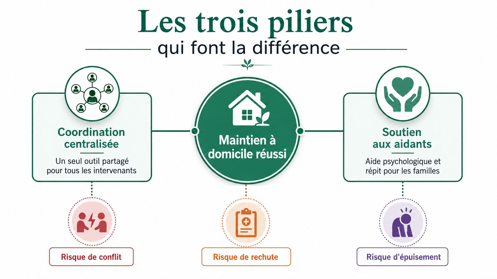 Infographie illustrant les trois piliers pour réussir le maintien à domicile des personnes âgées ou dépendantes.