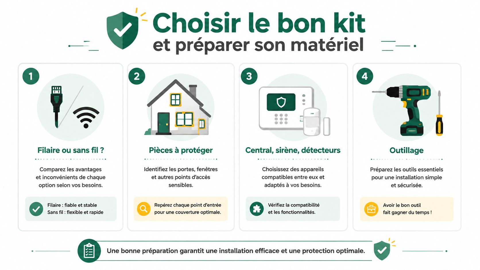 Infographie étape par étape pour choisir un kit d'alarme et préparer son matériel avant l'installation.