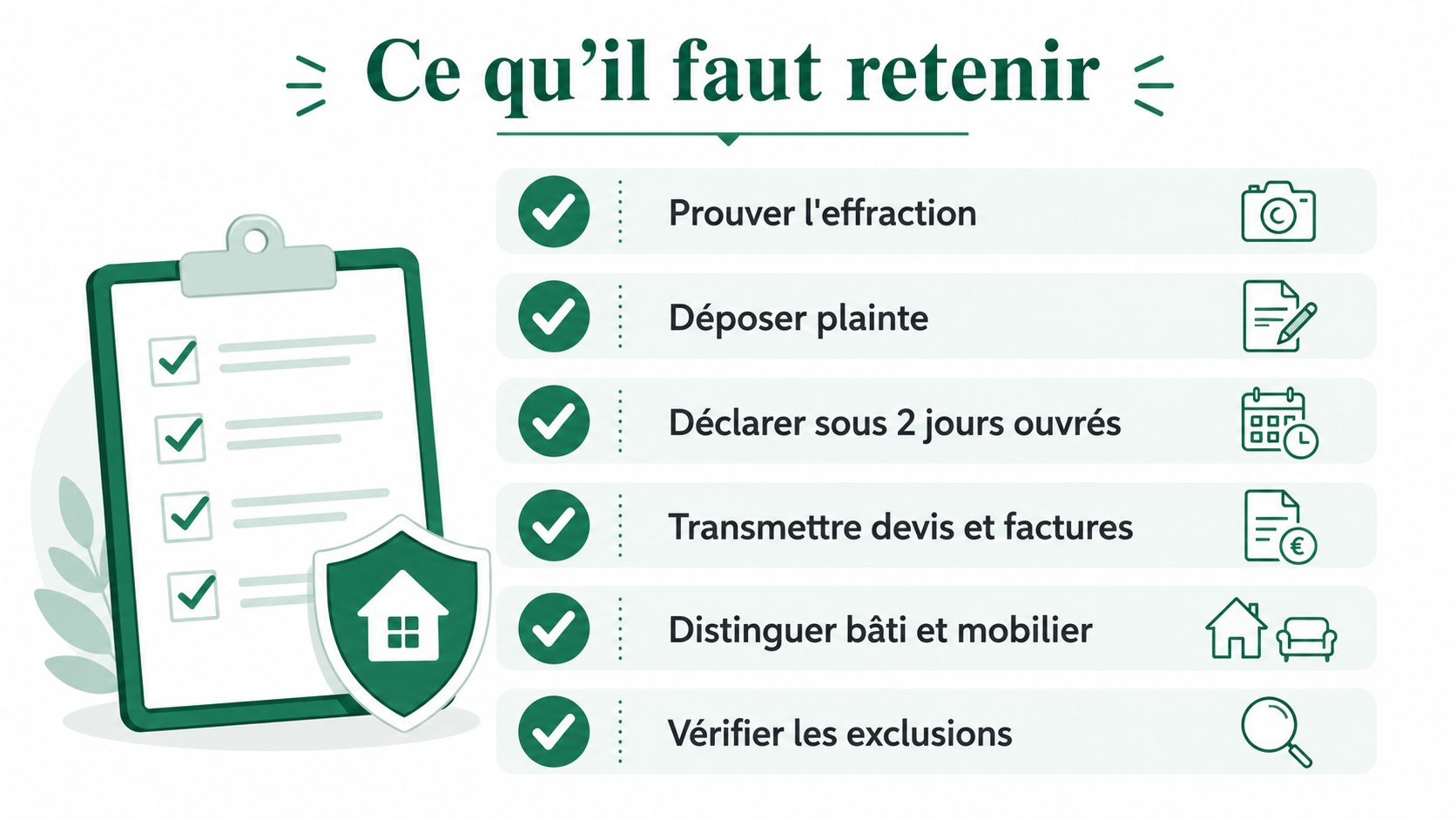 Infographie résumant les étapes clés à suivre en cas de cambriolage pour une déclaration d'assurance habitation réussie.