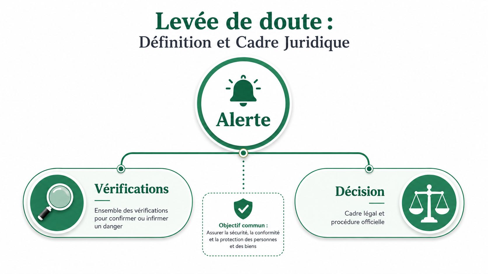 Schéma explicatif illustrant les étapes d'une levée de doute, incluant l'alerte, les vérifications et la décision finale.