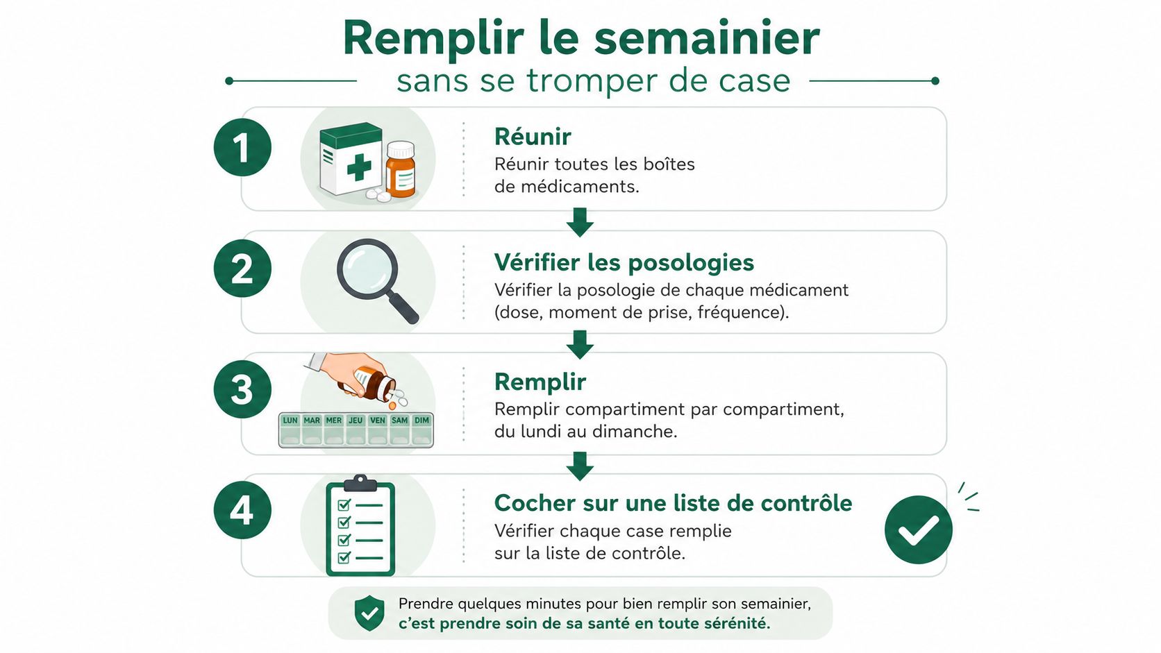 Infographie illustrant les quatre étapes pour remplir correctement un pilulier semainier sans se tromper de case.