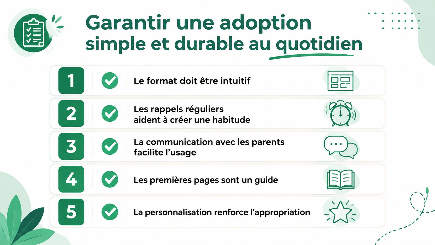 Une infographie listant cinq conseils pour garantir une adoption simple et durable au quotidien.