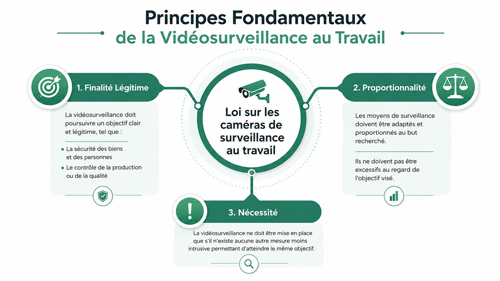 Infographie présentant les trois principes fondamentaux de la loi sur la vidéosurveillance au travail en France.