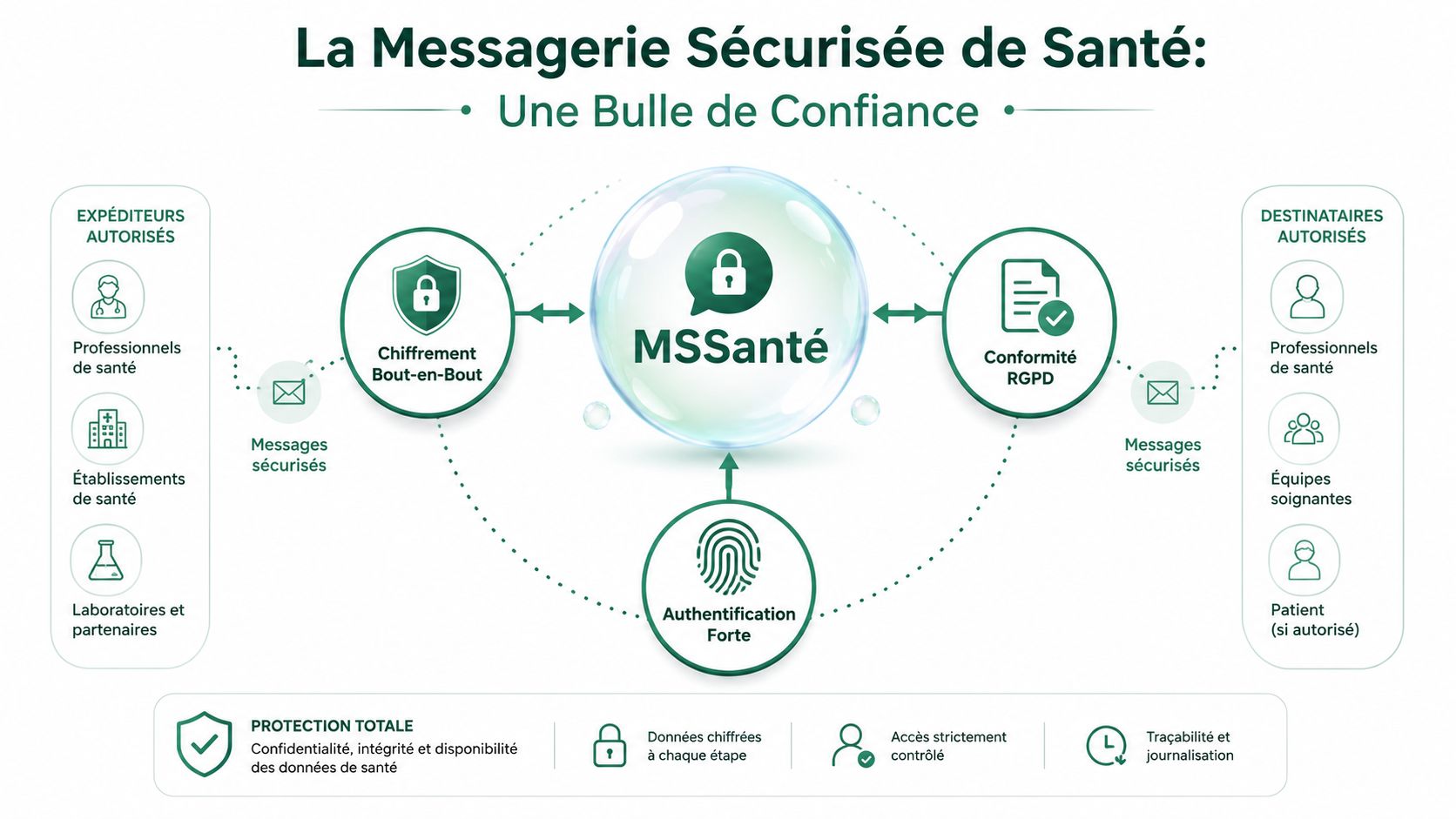 Schéma explicatif du fonctionnement et des garanties de sécurité de la messagerie sécurisée de santé MSSanté en France.