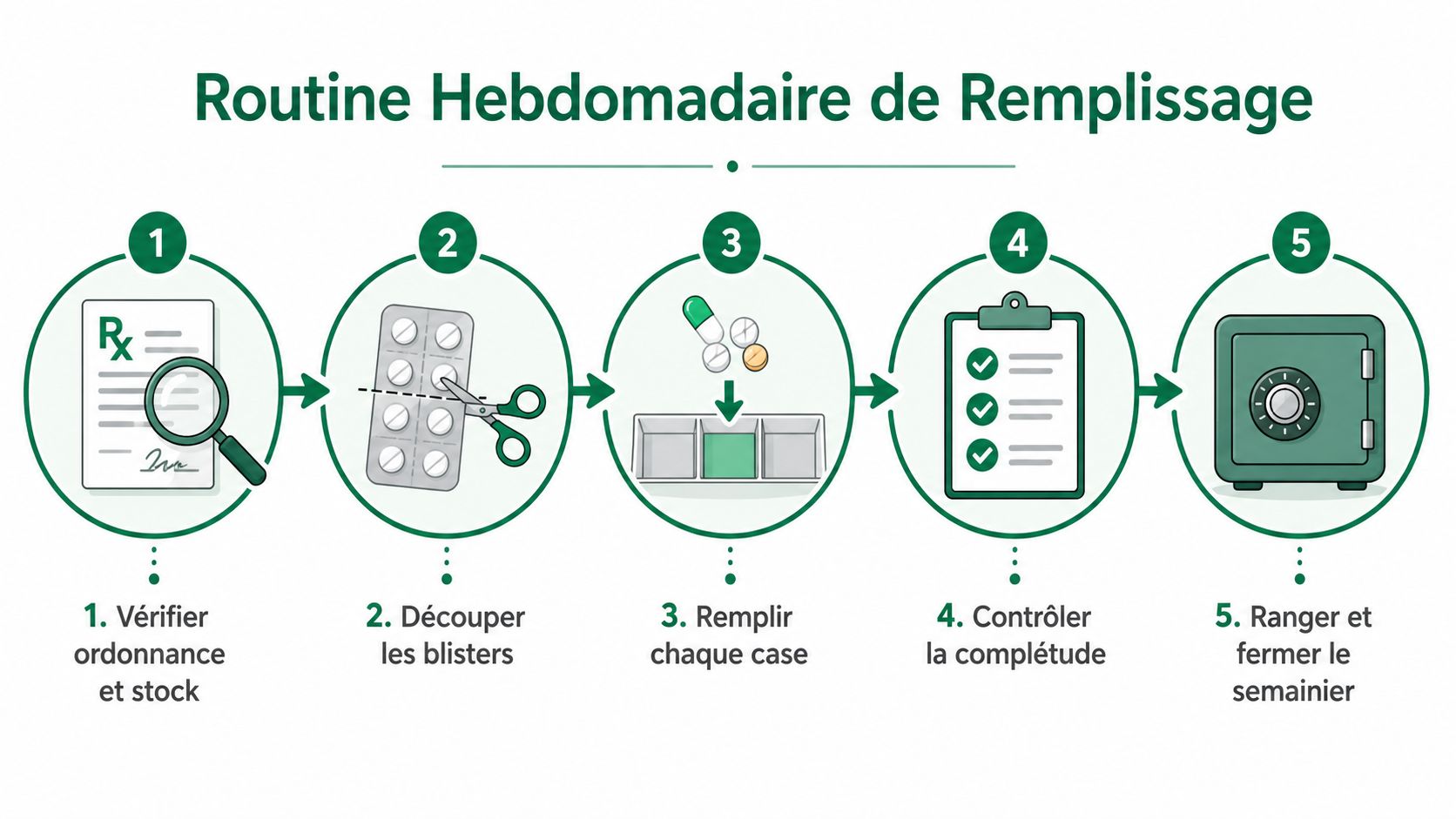 Une infographie montrant les cinq étapes de la routine hebdomadaire de remplissage des médicaments en pharmacie.