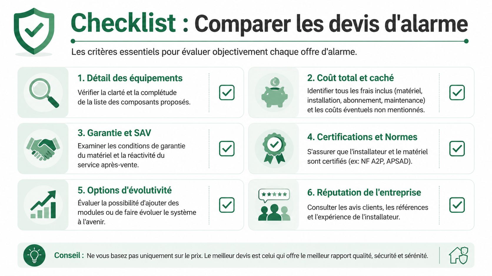 Une checklist illustrée pour aider à comparer les devis d'alarme pour la maison de manière objective.