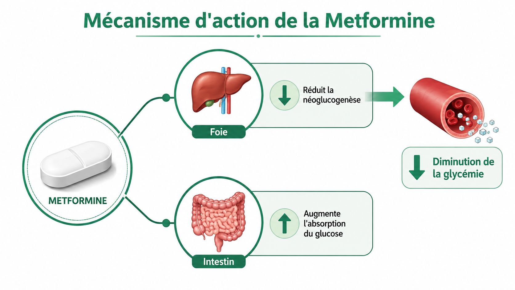 Schéma illustrant le mécanisme d'action de la metformine sur le foie et l'intestin pour réduire la glycémie.