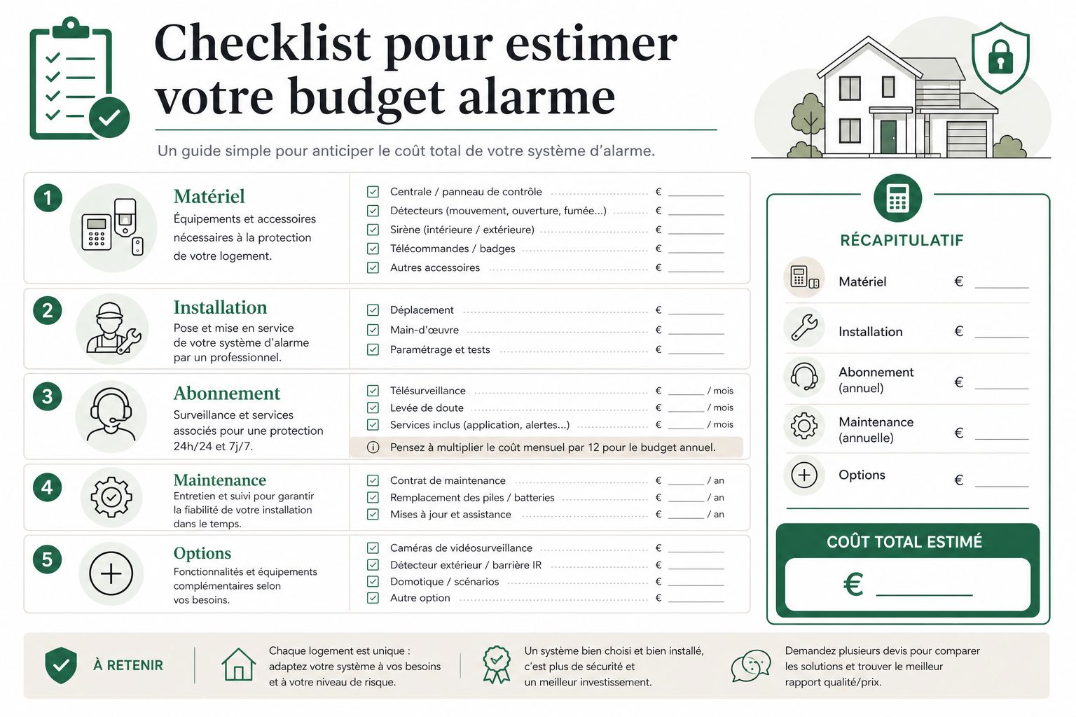 Infographie présentant une checklist détaillée pour estimer le coût total d'un système d'alarme pour la maison.