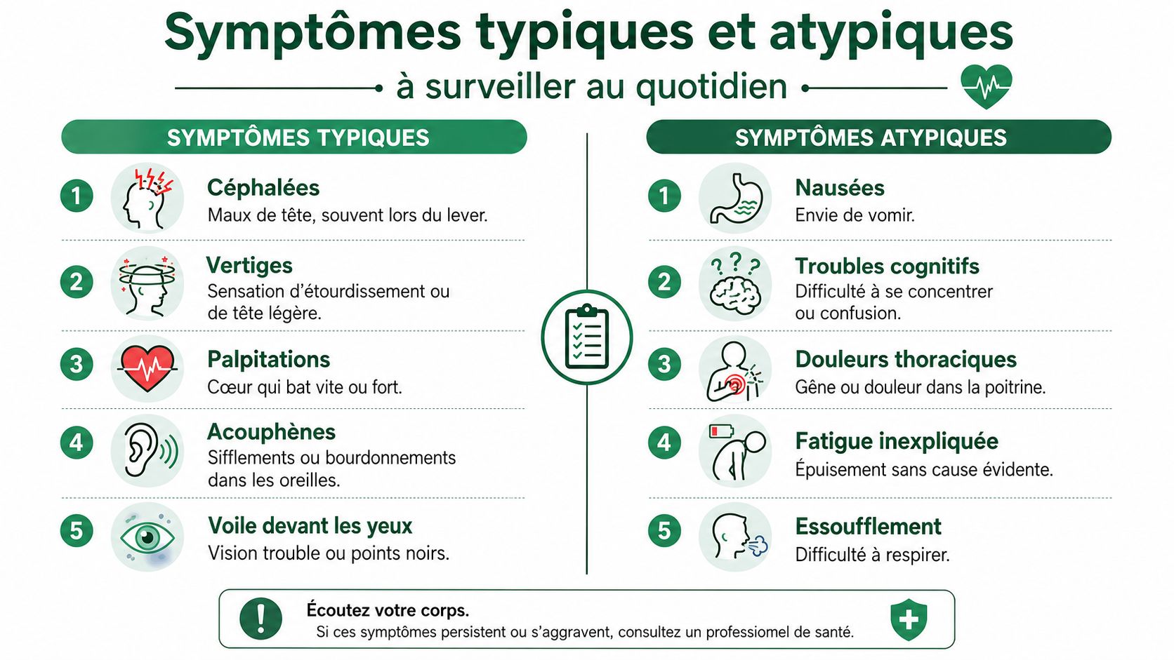 Infographie présentant les symptômes typiques et atypiques de l'hypertension orthostatique à surveiller au quotidien pour votre santé.