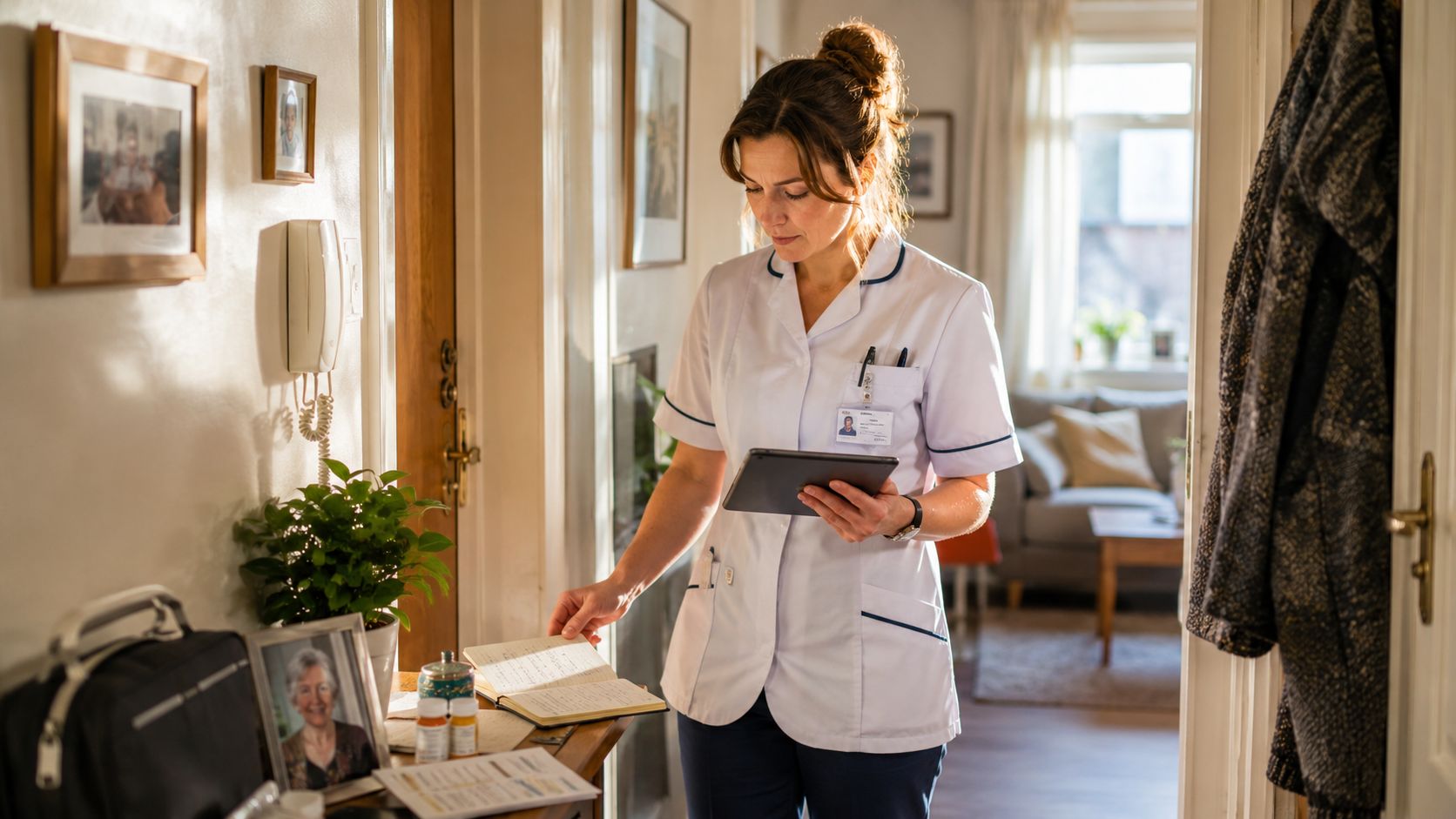 Une infirmière consultant une tablette numérique et un cahier dans un couloir lors d'une visite à domicile.