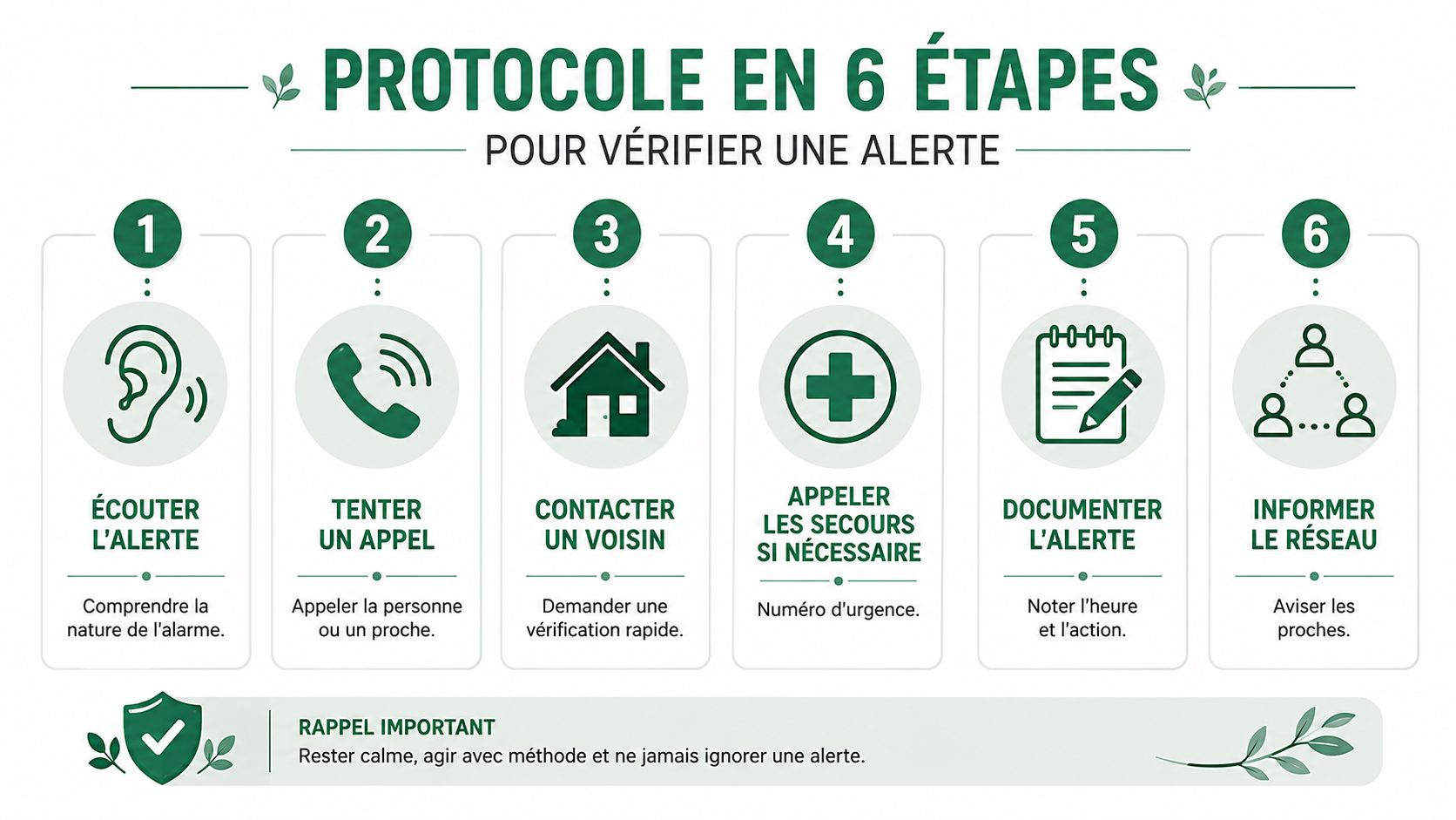 Une infographie illustrant le protocole en six étapes pour vérifier efficacement une alerte et intervenir rapidement.